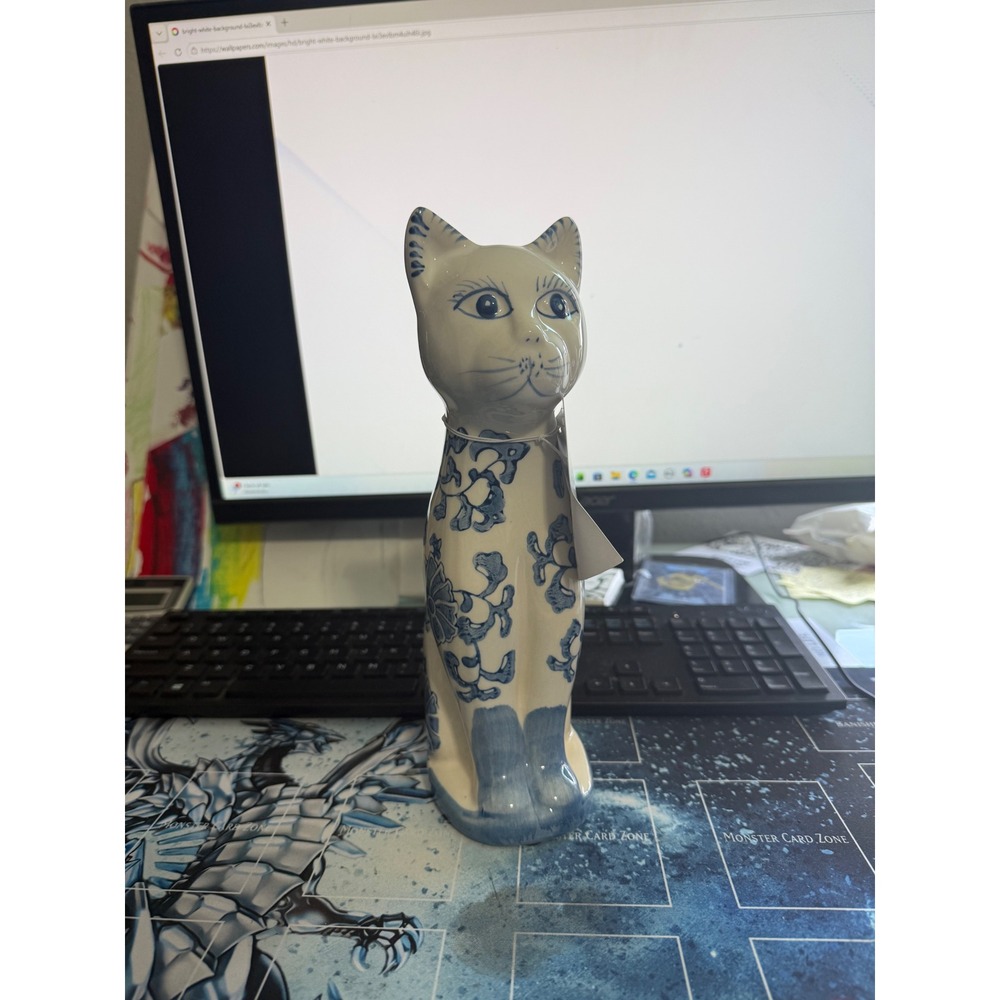 Three Hands Blue and White Ceramic Cat Figurine Chinoiserie Floral Decor